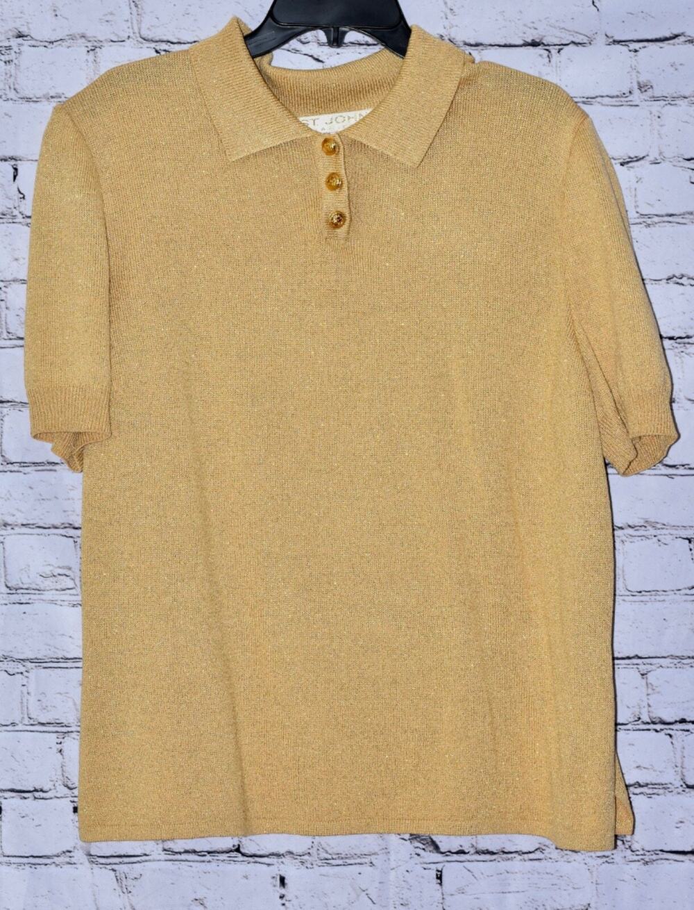 St. John Basics Collared Short Sleeve Polo Top in Gold Shimmer Knit Size Large